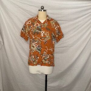 Orange Hawaiian Tee Shirt Button Up Vacation Flower Hibiscus  Plants Palm Patter